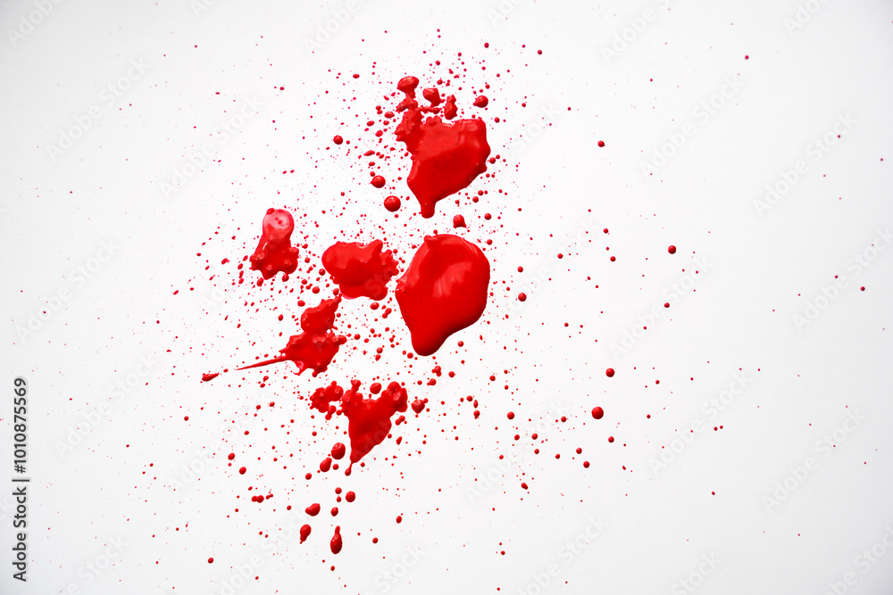 Blood splatters on white background. Red blots of watercolor Realistic bloody splatters for Halloween Drop of blood Blood splatters on white background. Red blots of watercolor Realistic bloody splatters for Halloween Drop of blood