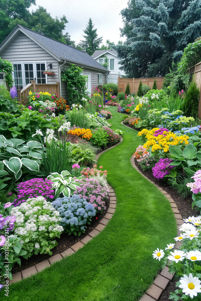 Vibrant Residential Garden Pathway in Full Bloom Vibrant Residential Garden Pathway in Full Bloom