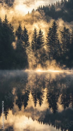 A serene lake surrounded by tall pine trees, reflecting the golden light of sunrise with mist rising from its surface