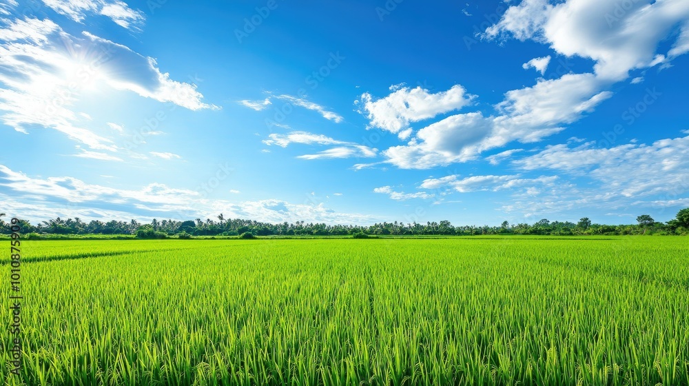 Wide open green rice fields under a bright blue sky with scattered clouds, seamlessly set on a white background for modern landscape designs Wide open green rice fields under a bright blue sky with scattered clouds, seamlessly set on a white background for modern landscape designs