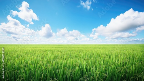 Wide rice field filled with green grass, bright blue sky and puffy white clouds, isolated on a white background. Ideal for outdoor and rural themes photo