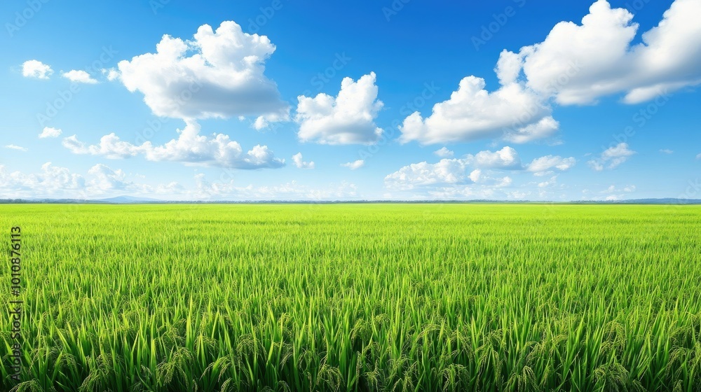 Wide rice field filled with green grass, bright blue sky and puffy white clouds, isolated on a white background. Ideal for outdoor and rural themes Wide rice field filled with green grass, bright blue sky and puffy white clouds, isolated on a white background. Ideal for outdoor and rural themes