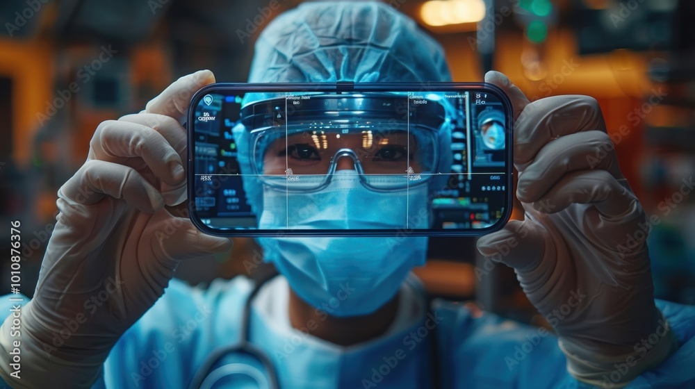 A healthcare professional wearing a mask and goggles holds a smartphone, showcasing a digital interface, emphasizing technology in medicine.