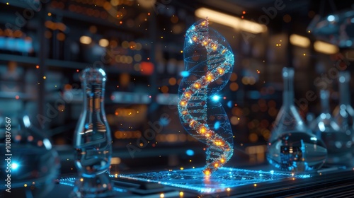 A glowing, twisted DNA helix stands amid laboratory equipment, with a futuristic design and ambient lighting, illustrating the fusion of science and technology.