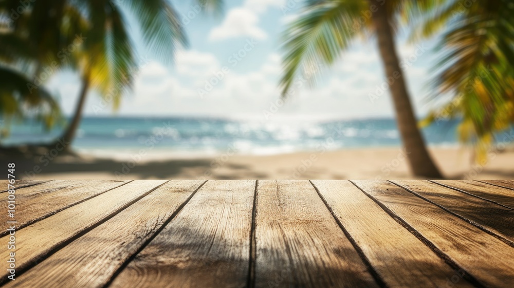 Wooden table surface with a tropical beach and coconut palms out of focus in the background, perfect for summer themes or tropical settings. Wooden table surface with a tropical beach and coconut palms out of focus in the background, perfect for summer themes or tropical settings.