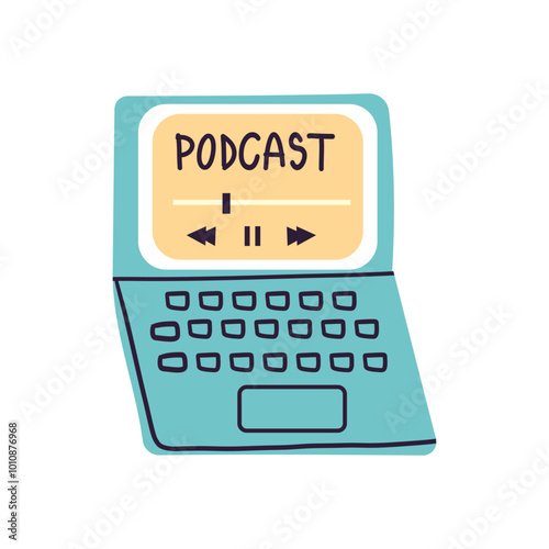 Online podcasting show, radio broadcasting, blogging concept. Streaming media on a laptop. Flat vector illustration isolate on white