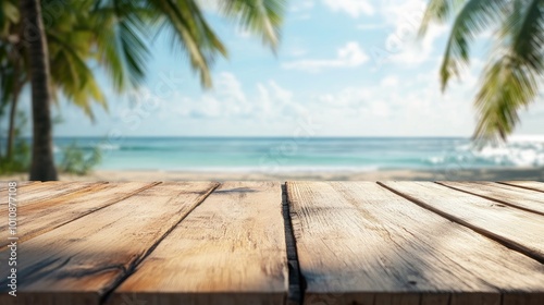 Wooden tabletop with a tropical beach view in the distance, out of focus with coconut trees and calm ocean waves in the background.