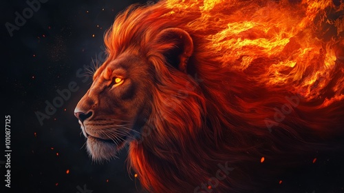 Fiery Majesty, a lion with a mane of flames and glowing eyes symbolizes power and ferocity amidst swirling embers and darkness, embodying a stunning mystical presence.