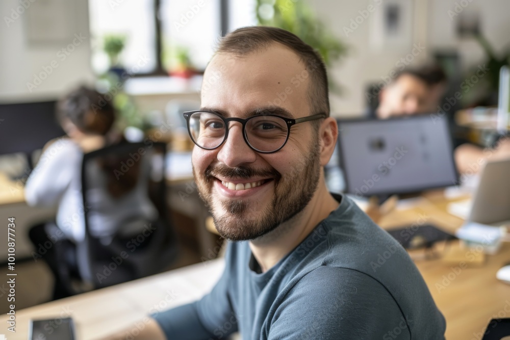 A cheerful millennial businessman wearing glasses smiles confidently at the camera, embodying leadership as his diverse team collaborates in the busy office environment. A cheerful millennial businessman wearing glasses smiles confidently at the camera, embodying leadership as his diverse team collaborates in the busy office environment.
