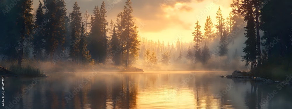 A serene lake surrounded by tall pine trees, reflecting the golden light of sunrise with mist rising from its surface A serene lake surrounded by tall pine trees, reflecting the golden light of sunrise with mist rising from its surface