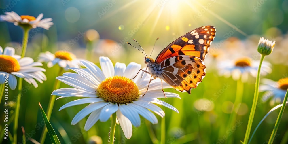 A colorful butterfly rests on a daisy in a sunlit meadow, showcasing nature's beauty. This close-up captures the A colorful butterfly rests on a daisy in a sunlit meadow, showcasing nature's beauty. This close-up captures the