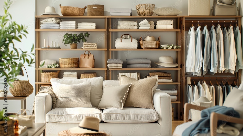 A cozy, well-organized living space featuring a neutral sofa, decorative cushions, and a stylish shelf filled with storage baskets and clothing.