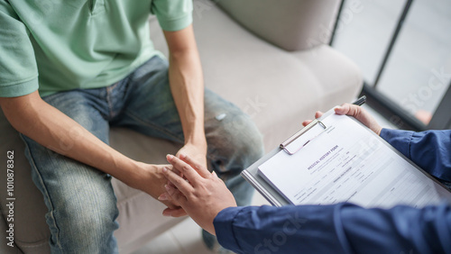 Professional psychotherapy Taking Note During Appointment Patient discussing mental health issues with psychologist mental health.