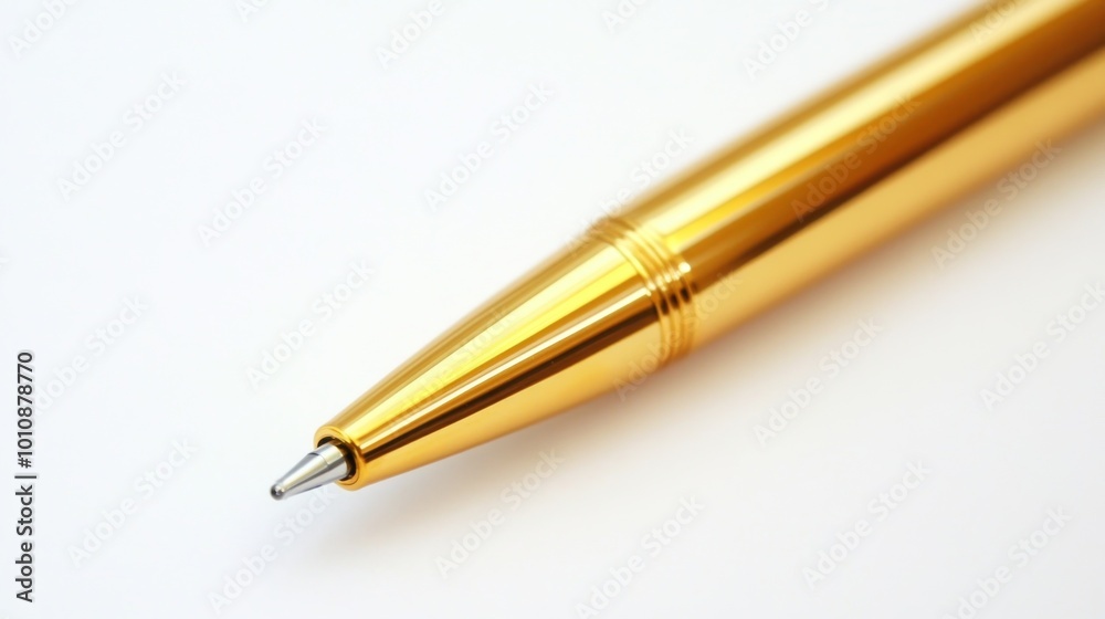 A shiny gold pen with a ballpoint tip, set against a plain white backdrop. A shiny gold pen with a ballpoint tip, set against a plain white backdrop.