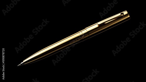 A shiny gold pen stands out against a plain black backdrop.