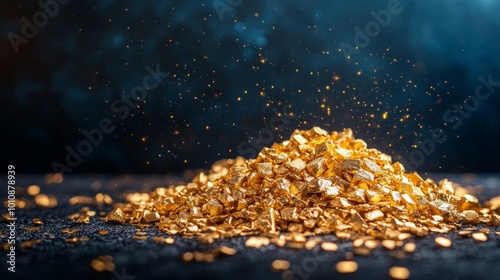 A shiny pile of gold nuggets or ore sits on a dark background. It represents wealth, success, and the world of finance and business.