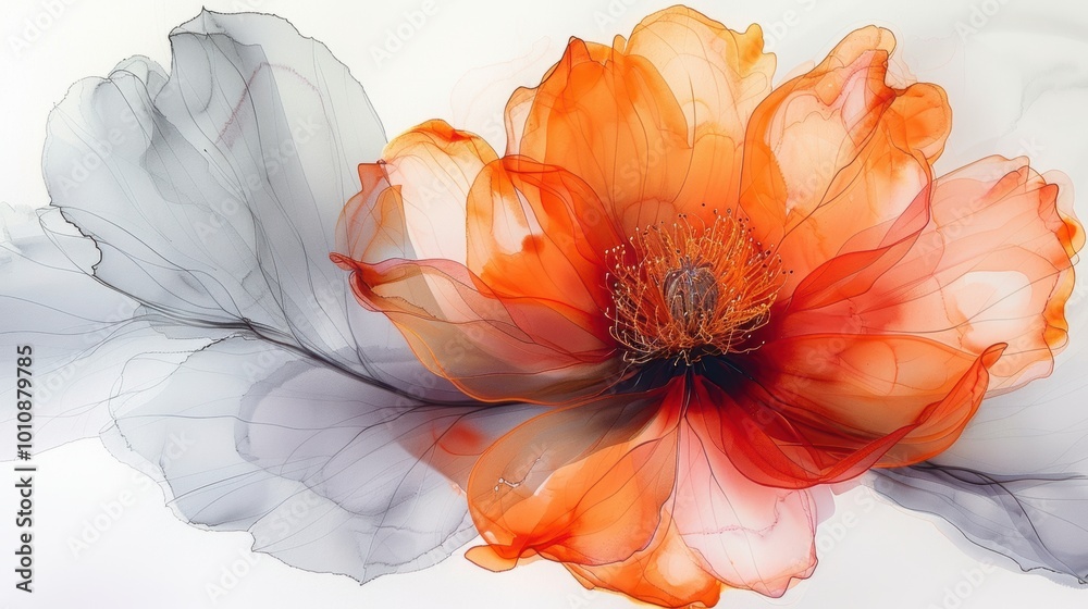A vibrant, orange flower with delicate petals and a contrasting gray background, showcasing elegant fluid art and natural beauty.