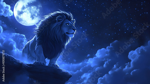 Silhouette of a lion standing on a hill at night, Lion Deep space philosopher contemplating cosmic existence, lion at night with starry sky as background
 photo