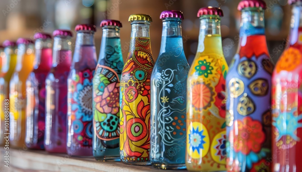 Fototapeta premium Craft soda bottles with vibrant designs, artistic and refreshing, Culinary, Bright hues, Photograph, Artisanal drinks
