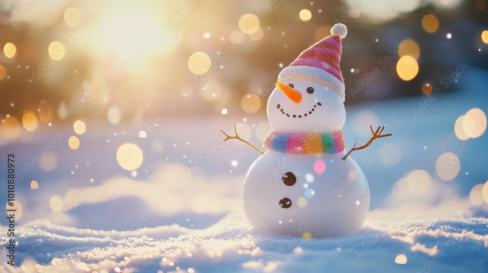 Charming snowman in colorful scarf, joyfully standing in soft snow, sparkling sunlight creating a dreamy winter atmosphere, evoking festive cheer and nostalgia Charming snowman in colorful scarf, joyfully standing in soft snow, sparkling sunlight creating a dreamy winter atmosphere, evoking festive cheer and nostalgia