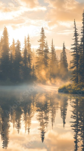 A serene lake surrounded by tall pine trees  reflecting the golden light of sunrise with mist rising from its surface