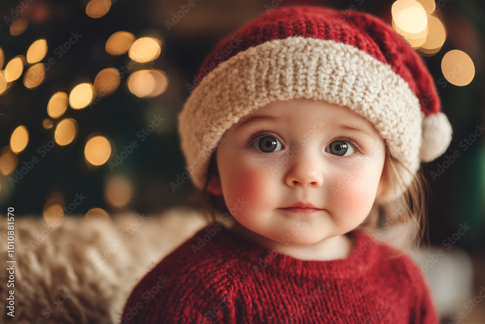 Cute baby with rosy cheeks wearing a santa hat and a red sweater is posing near a christmas tree with lights