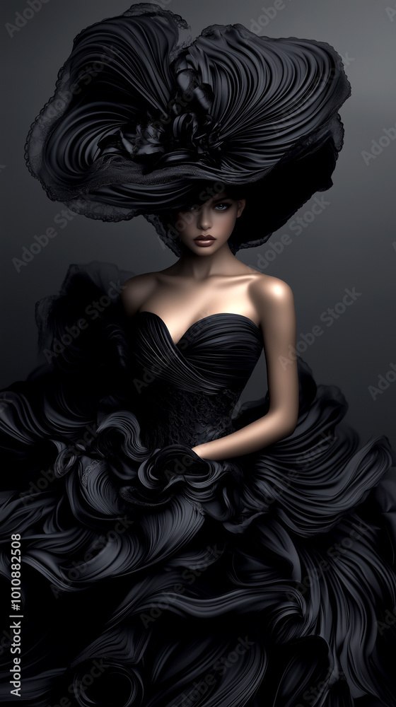Naklejka premium A woman in a black dress with a hat on. The dress is long and flowing, and the hat is tall and elegant. The woman is standing in front of a gray background