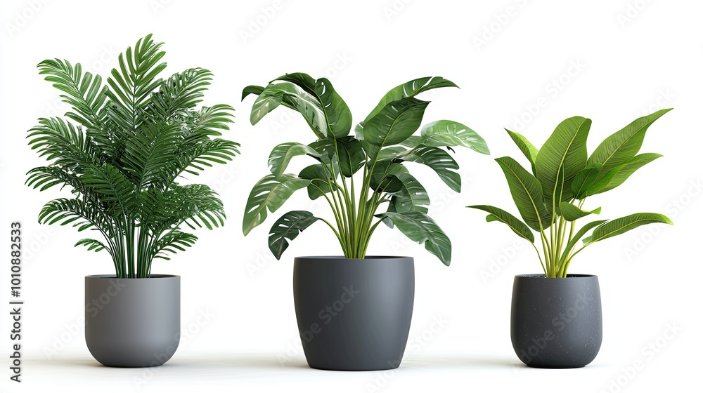 Three potted plants with green leaves in grey pots isolated on a white background. Three potted plants with green leaves in grey pots isolated on a white background.