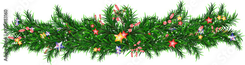 Christmas border with fir branch, pine tree garland decoration photo