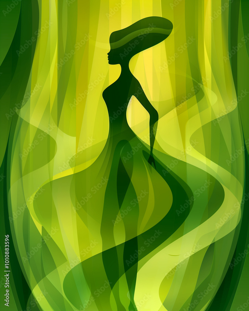 Φωτογραφία A woman in a green dress stands in front of a green background