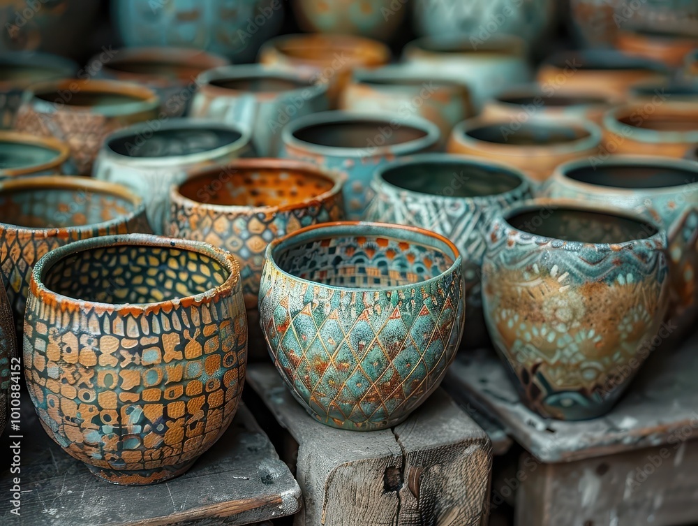 Handmade ceramics with intricate patterns, artistic and rustic, Artisan, Soft tones, Photograph, Craftsmanship Handmade ceramics with intricate patterns, artistic and rustic, Artisan, Soft tones, Photograph, Craftsmanship
