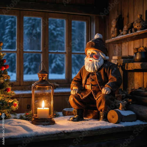 Cozy winter scene with Santa figurine, lantern, and snowy cabin interior decorated for Christmas photo