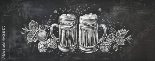 The image features a chalkboard-style Oktoberfest beer illustration with two frothy beer mugs surrounded by hops and leaves.