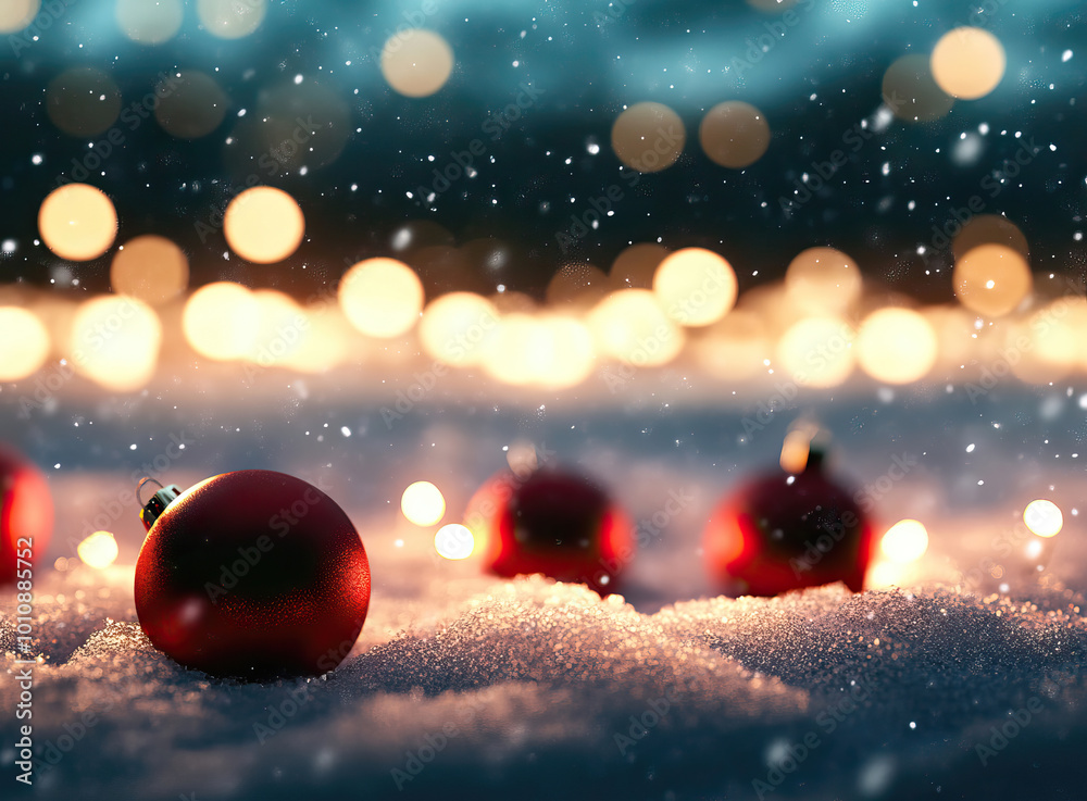 Fototapeta premium Red Christmas ornaments on snowy ground with glowing lights in the background during a winter evening celebration. Generative AI
