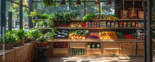 Organic food store with fresh produce, vibrant and inviting, Urban, Bright hues, Photograph, Green living