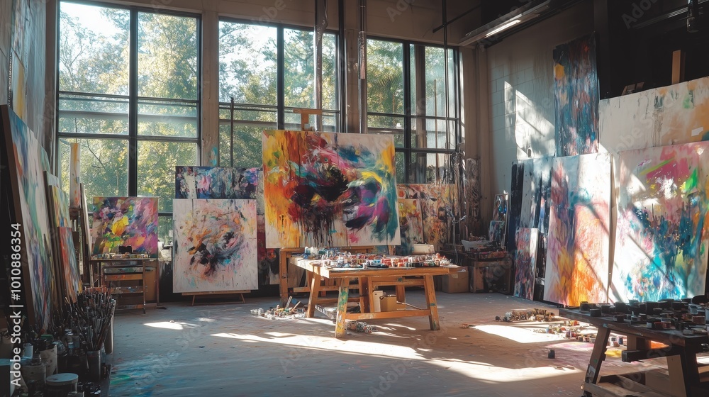 Obraz premium A lively art studio filled with abstract paintings, vibrant chaos, and an inspiring atmosphere.