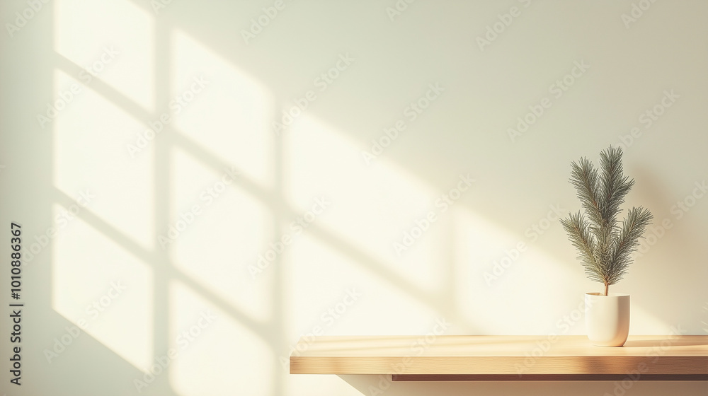 A white vase with a plant in it sits on a wooden shelf A white vase with a plant in it sits on a wooden shelf