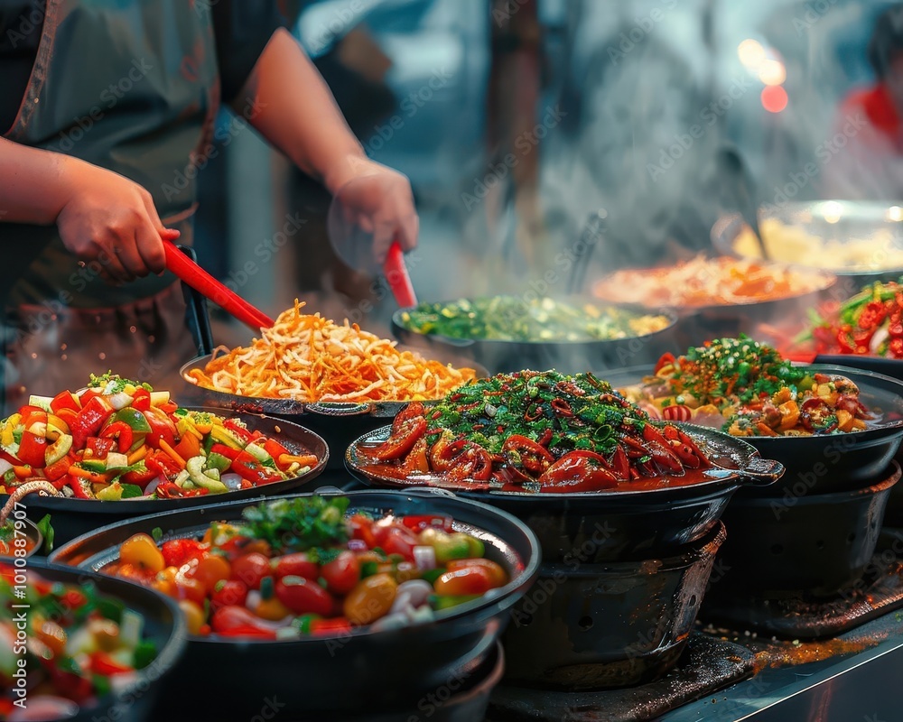 Street food vendor with vibrant dishes, dynamic and inviting, Urban, Bright hues, Photograph, Culinary delight Street food vendor with vibrant dishes, dynamic and inviting, Urban, Bright hues, Photograph, Culinary delight