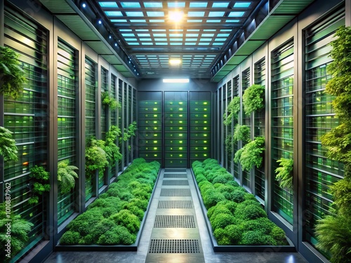 A modern data center featuring green-lit server racks amidst vibrant foliage  promoting eco-friendly technology
