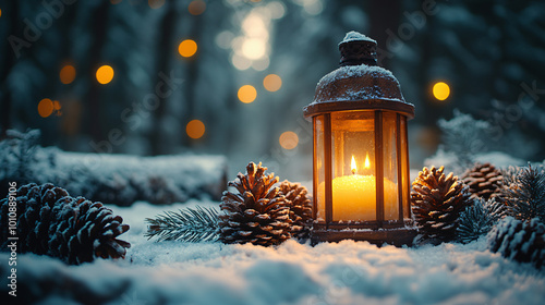 warm candle lantern in snowy winter forest scene with pine cones