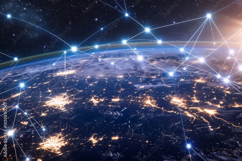 A breathtaking view of Earth at night, showcasing illuminated cities and vast telecommunication networks, highlighting the integration of technology and global connectivity. A breathtaking view of Earth at night, showcasing illuminated cities and vast telecommunication networks, highlighting the integration of technology and global connectivity.