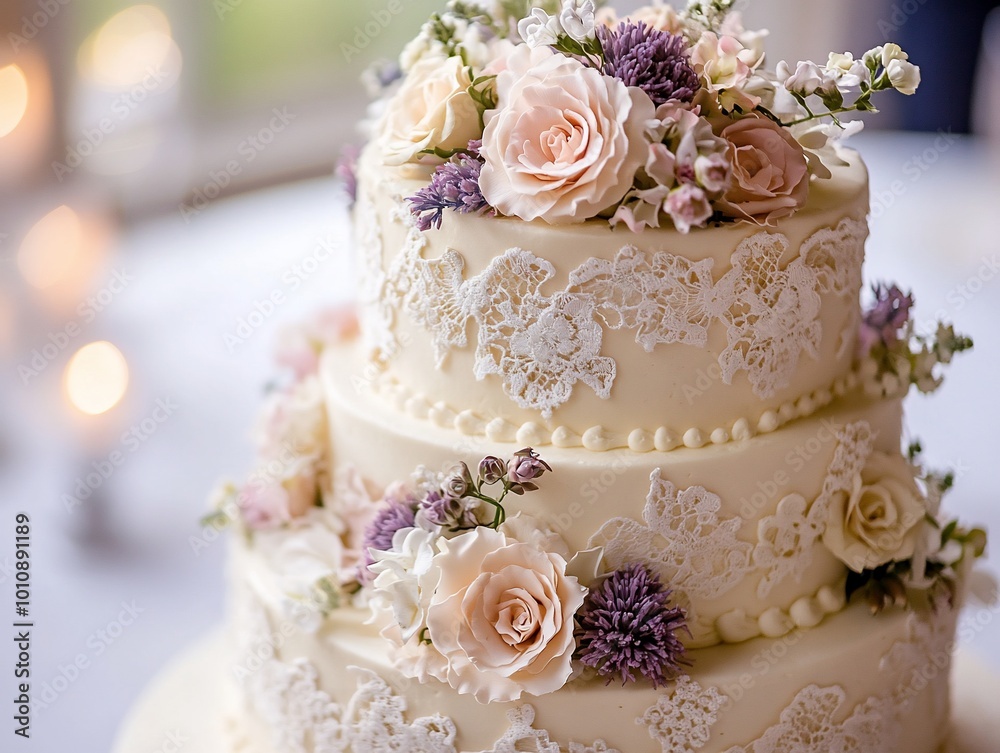 A three-tier wedding cake decorated with delicate lace patterns and fresh flowers. A three-tier wedding cake decorated with delicate lace patterns and fresh flowers.