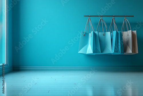 blue shopping bags hanging in empty room - minimalist interior design concept