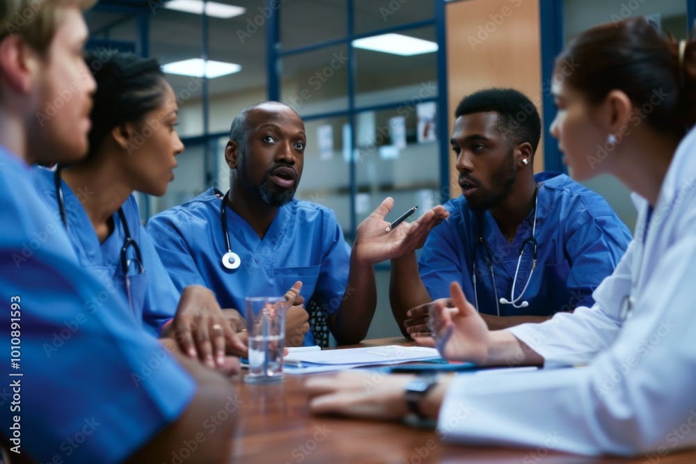 A young surgeon in a blue uniform passionately shares ideas with diverse colleagues during a team meeting, fostering collaboration and teamwork in a hospital setting. A young surgeon in a blue uniform passionately shares ideas with diverse colleagues during a team meeting, fostering collaboration and teamwork in a hospital setting.