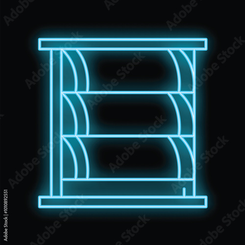 Neon bookcase icon glowing on dark background, concept of interior design or online library