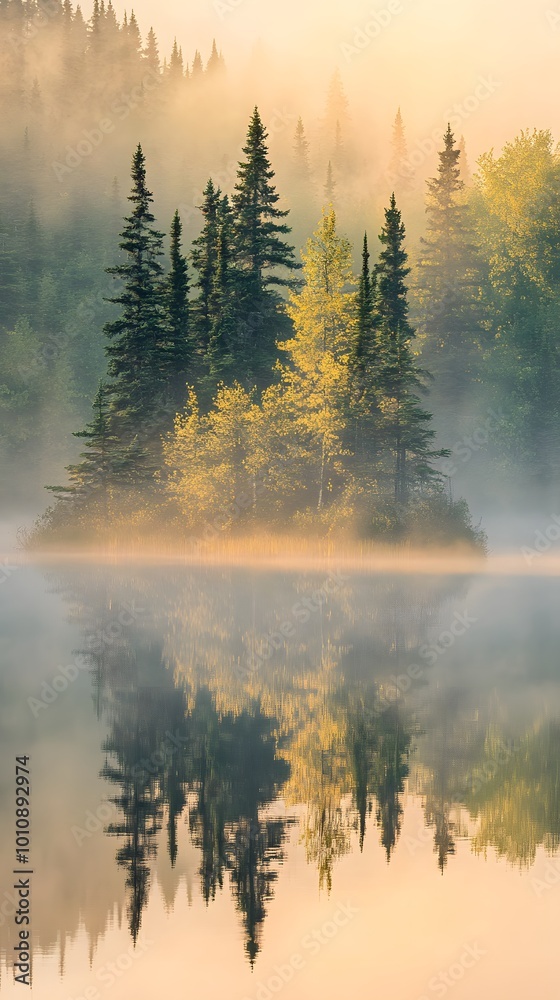 A serene lake surrounded by tall pine trees, reflecting the golden light of sunrise with mist rising from its surface A serene lake surrounded by tall pine trees, reflecting the golden light of sunrise with mist rising from its surface