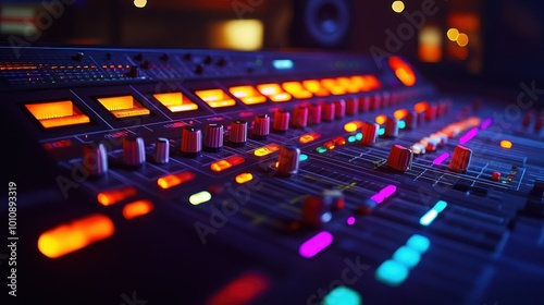 A close-up view of a colorful audio mixing console with illuminated controls and sliders.