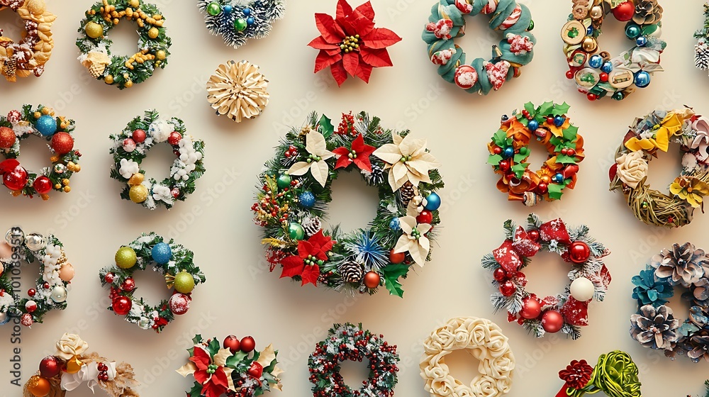 Christmas Wreaths Decoration Flat Lay Christmas Wreaths Decoration Flat Lay