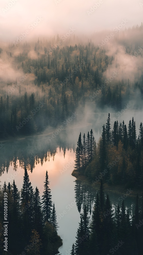 Fototapeta premium A serene lake surrounded by tall pine trees, reflecting the golden light of sunrise with mist rising from its surface