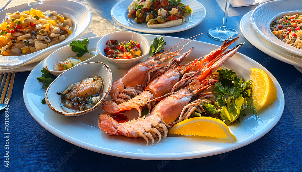 Shrimp, Seafoods, appetizers and salads on the table in Fish Restaurant. Shrimp, Seafoods, appetizers and salads on the table in Fish Restaurant.